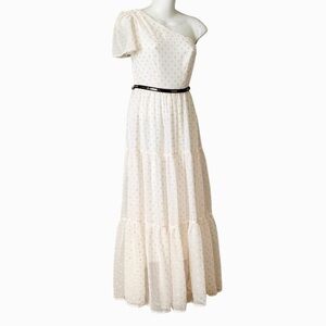 Whimsigoth One-Shoulder White Maxi Gown with 
Rose-Gold Polka Dots